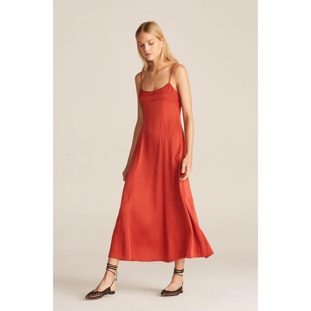 NWT Rebecca Taylor Ruched Top Long Midi Slip Dress in Pomodoro